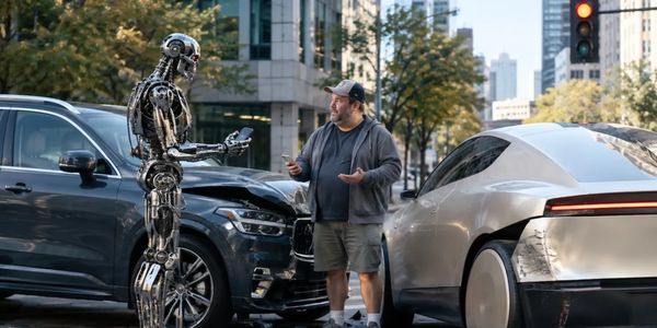 Robot and driver beside cars at an intersection