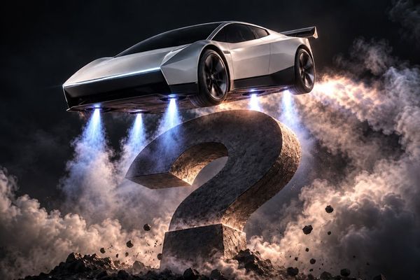 Illustration of a Tesla Roadster above a question mark
